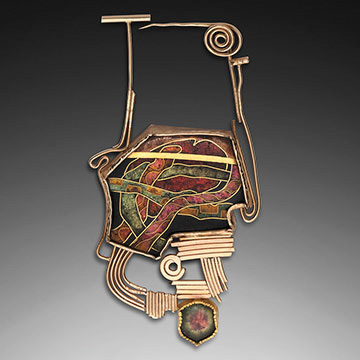 William Harper, Copper Bondage Pin, 1984, 18k and 14k gold, sterling silver, enamel