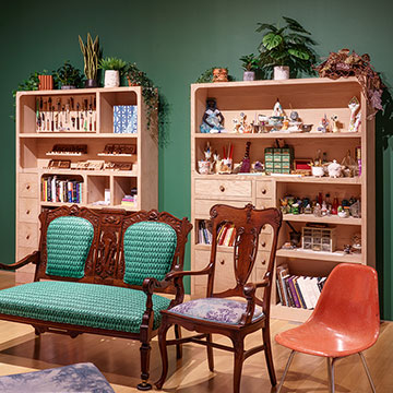 Four assorted chairs in front of two wooden bookshelves.