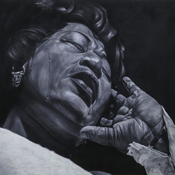 Black and white portrait of a crying woman who is leaning back away from the viewer with one hand raised to the side of her face.