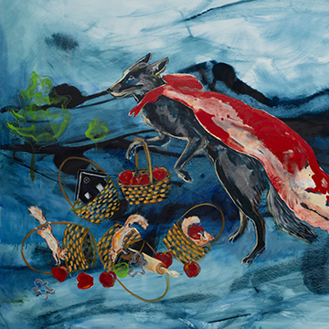 painting depicting a wolf in a long red cape next to a girl and baskets of goods
