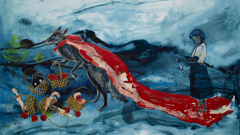 painting depicting a wolf in a long red cape next to a girl and baskets of goods