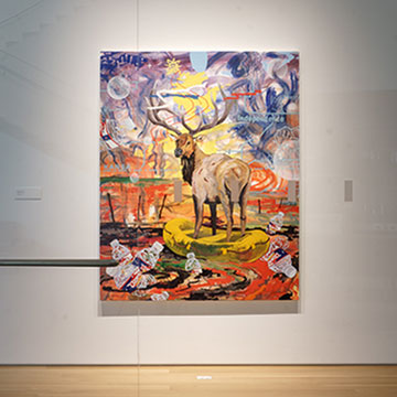 painting of an elk with huge antlers looking at the viewer and standing among discarded plastic bottles
